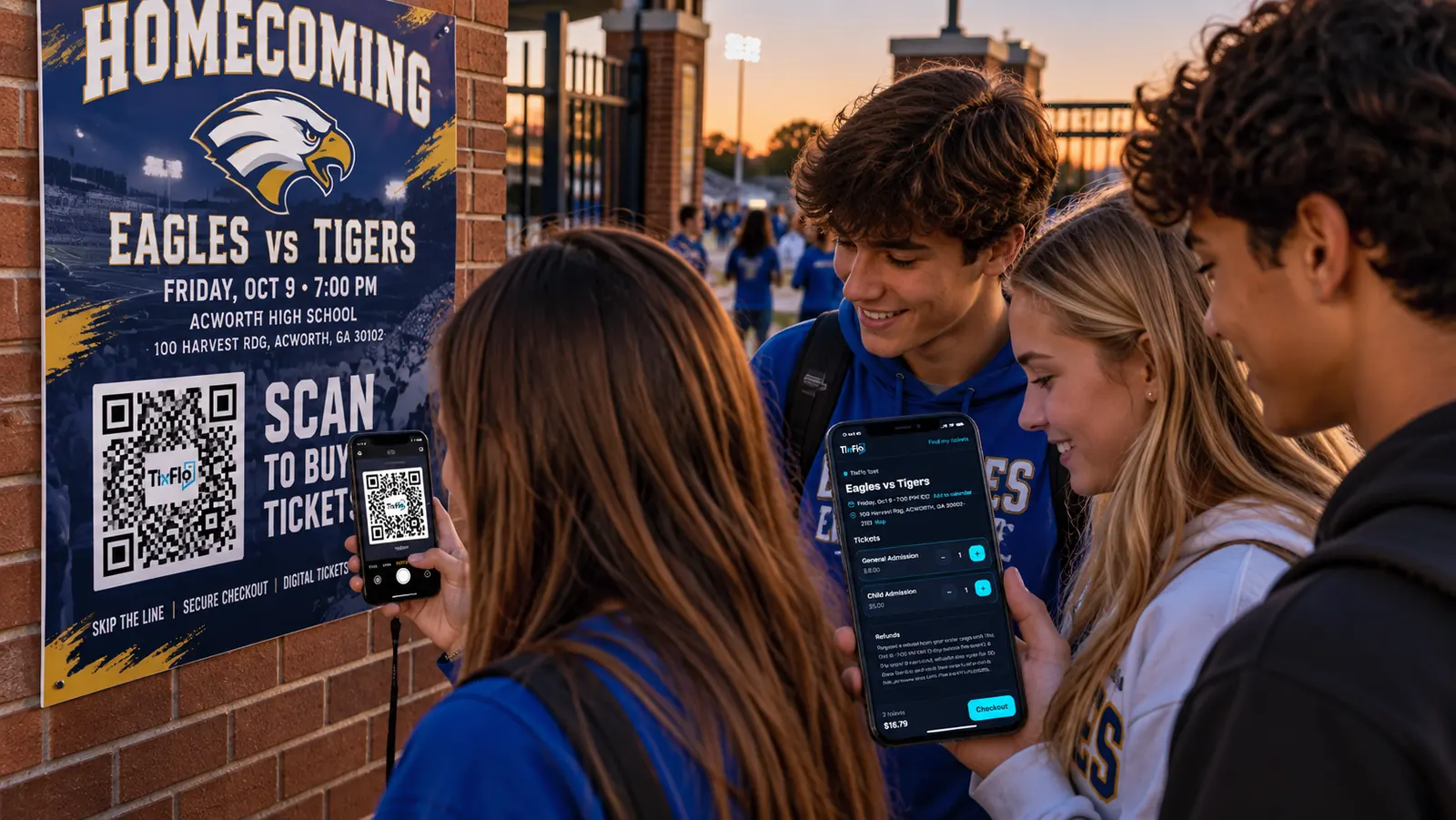 Students at the stadium gate scanning a homecoming poster QR code and buying tickets on their phones at sunset.