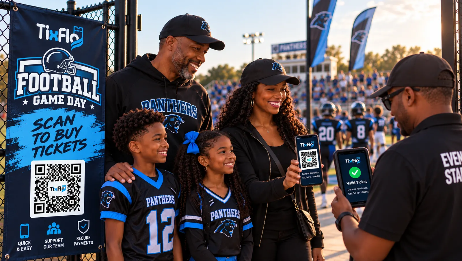 A family with two young football players at the stadium gate, showing a TixFlo QR ticket while event staff scan it as valid.
